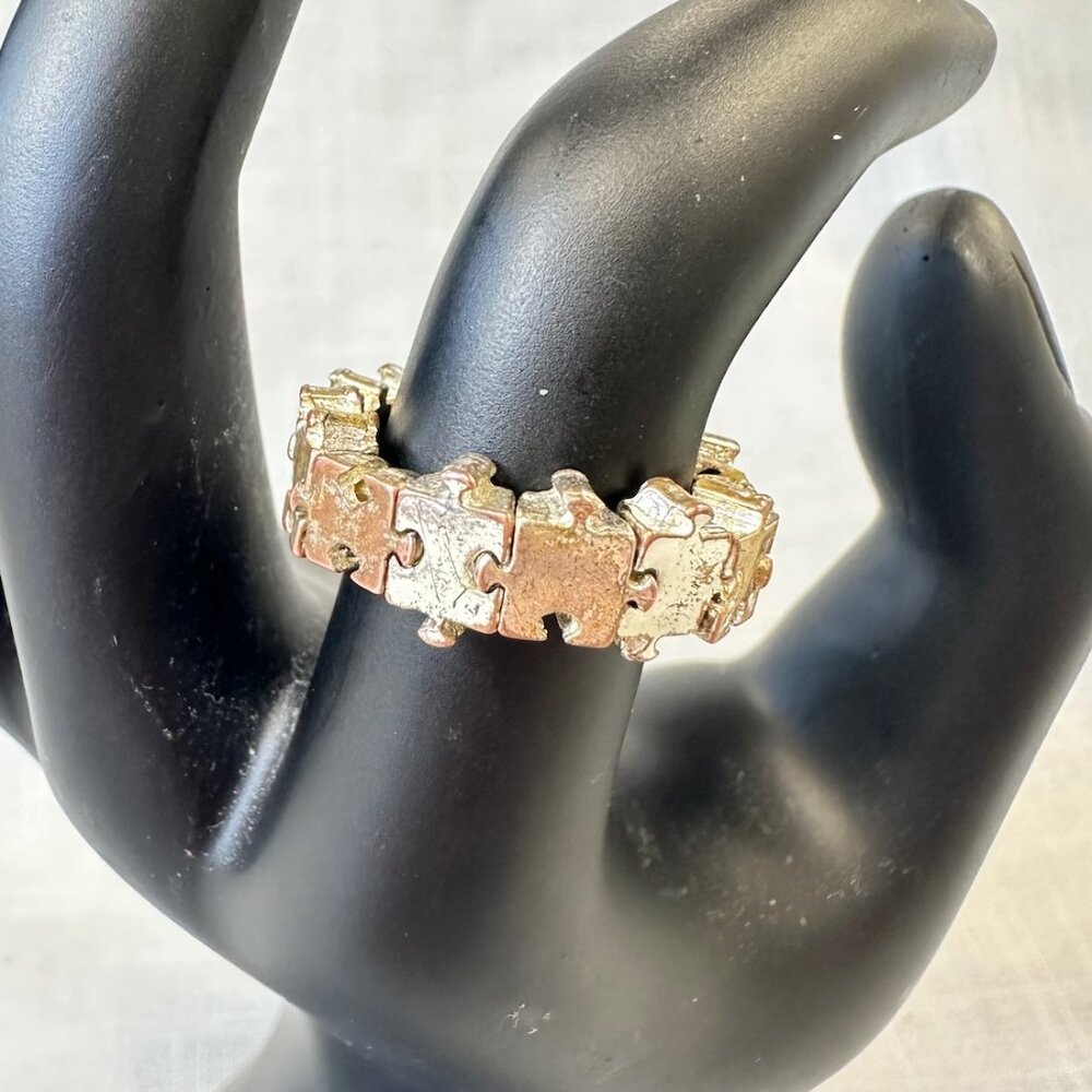Vintage Silver tone Puzzle Piece Stretchy Ring